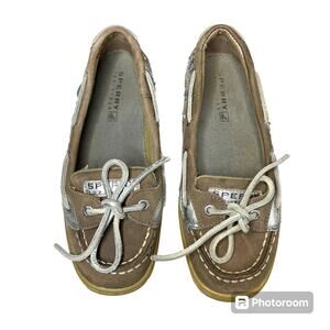 Sperry Topsider Sherry Angelfish Sequined Boat Shoe Kids Size 1.5M Silver Brown